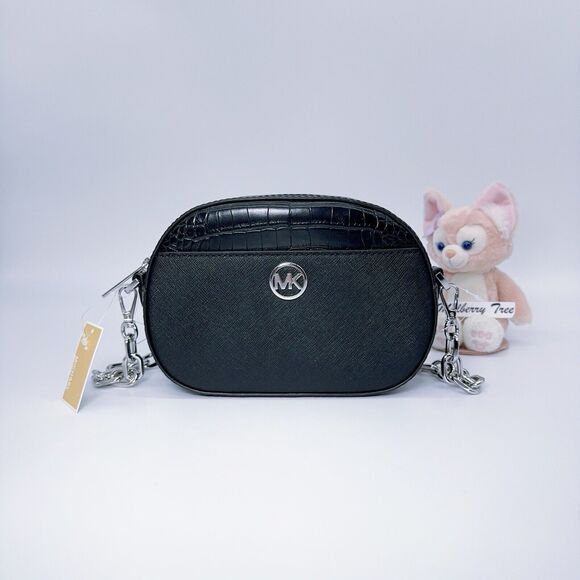MICHAEL KORS JET SET GLAM Small Oval Crossbody Embossed Leather Black NWT $448 - Picture 1 of 7